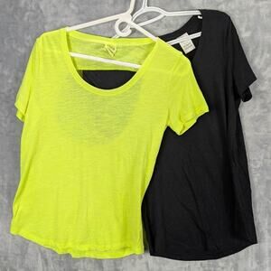 PINK Shirts Womens Small Neon Yellow Black Short Sleeve Sheer Back Cutout READ